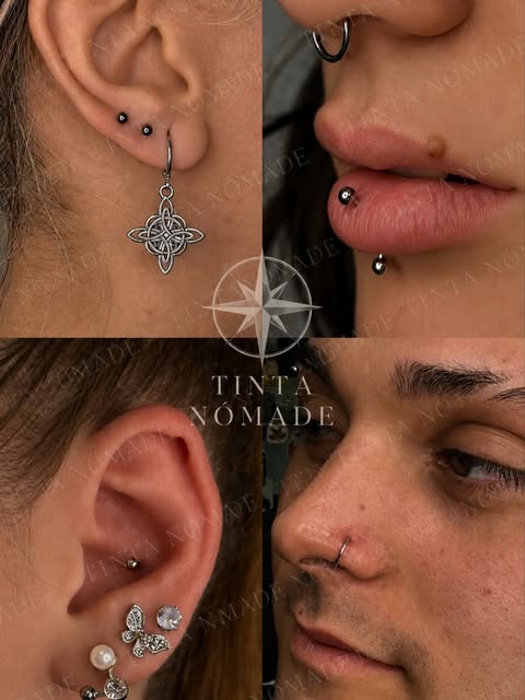 Composición de piercings de oreja en oro y ópalos con curaduría anatómica personalizada