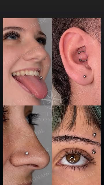 Composición curada de piercings de oreja con aros de oro y gemas de ópalo